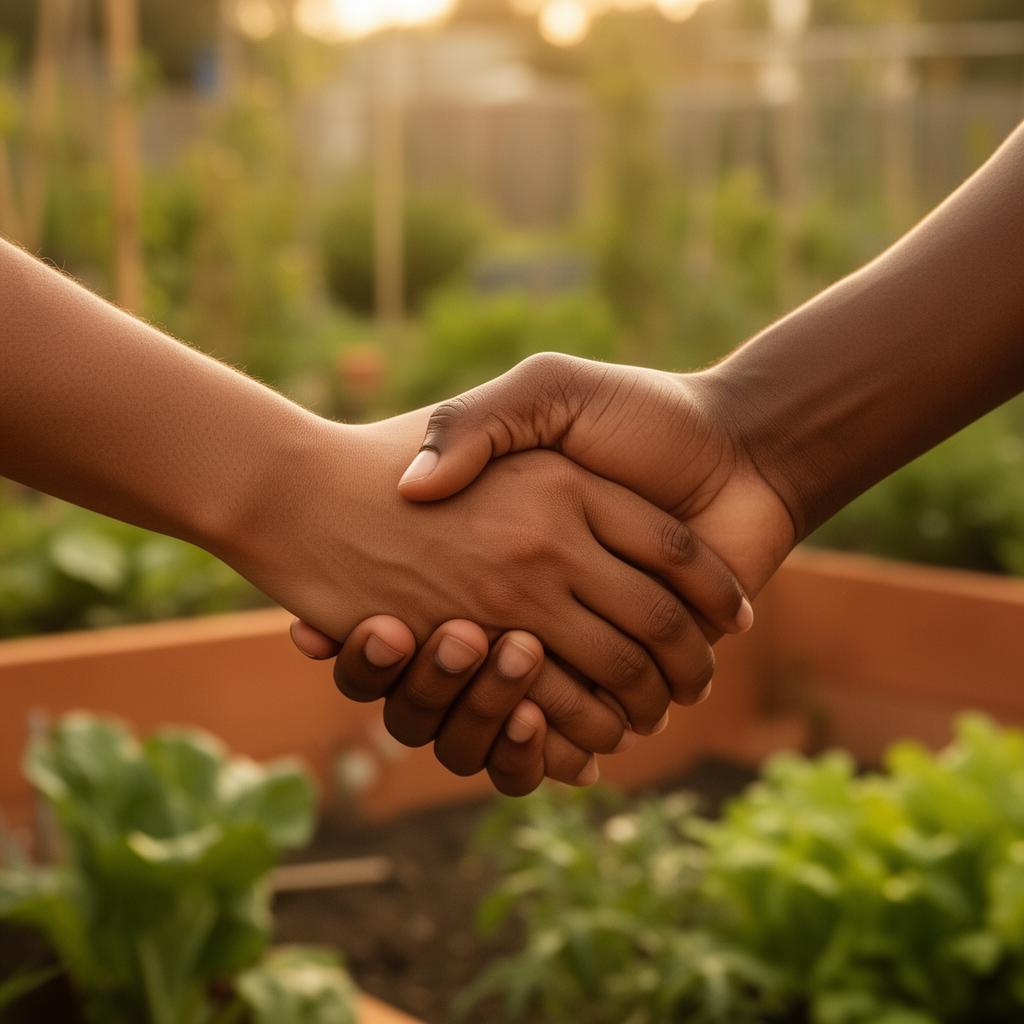 Two hands clasped together in a sunlit community garden