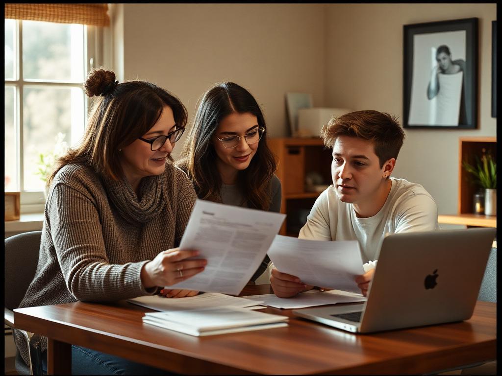 A mentor reviewing paperwork and a laptop with a young adult